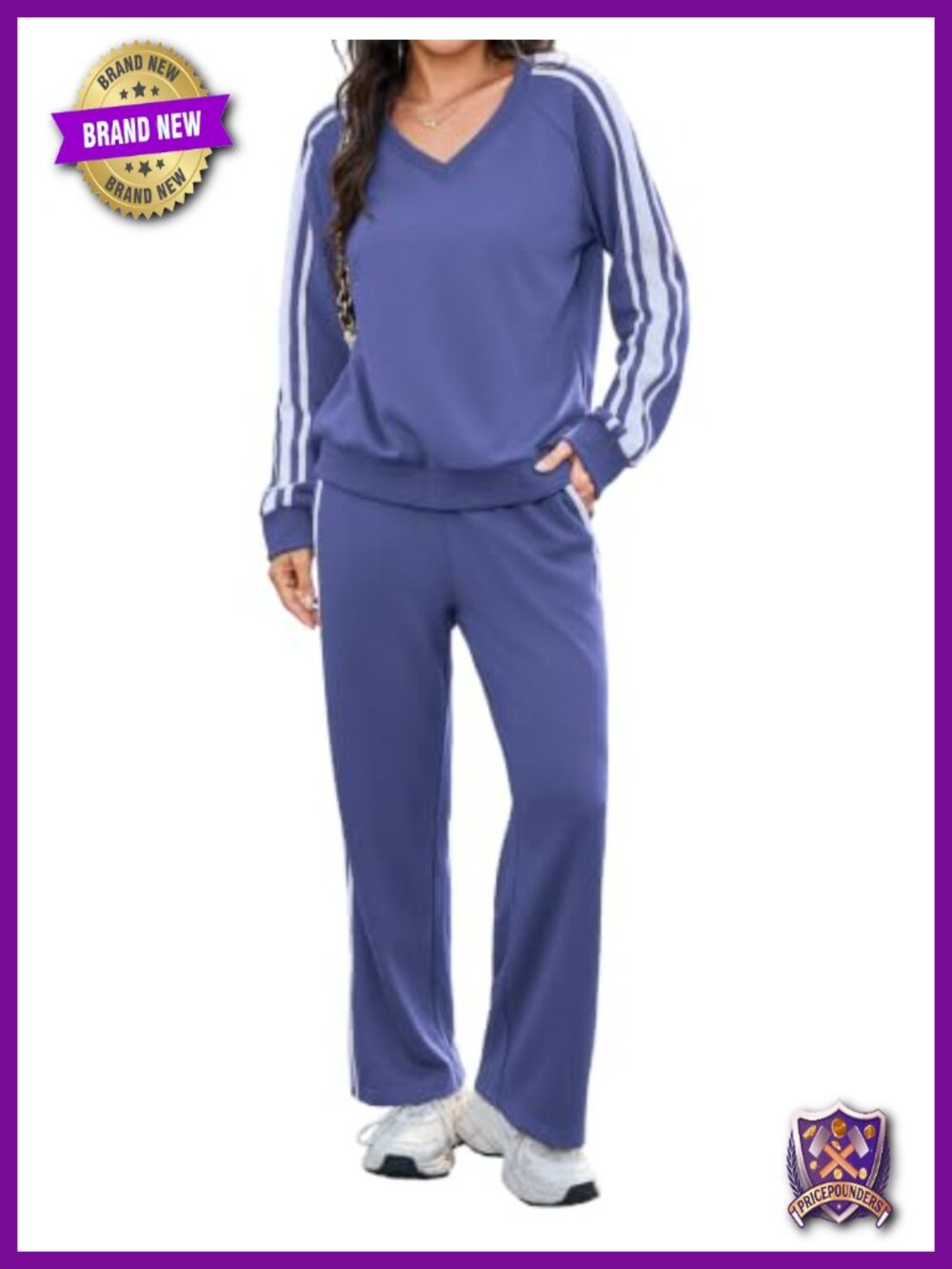 Women 2 Piece Lounge Set V Neck Sweatshirt Straight Leg Pants Cotton Blend